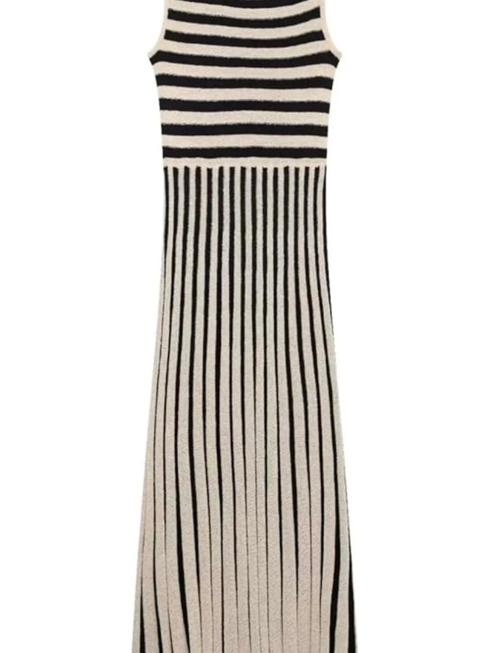 Sleeveless Black & Cream Striped Knit Maxi Dress